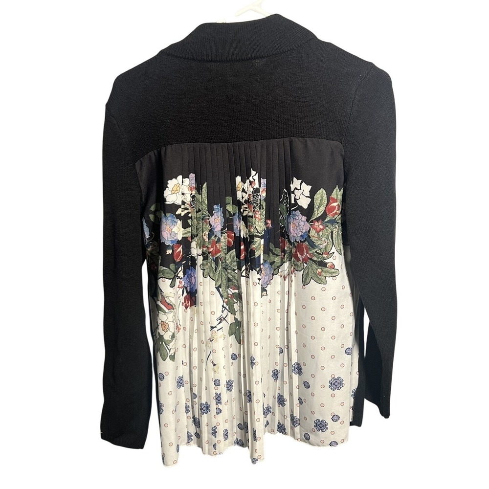 Chico's Black Mixed Media Sweater‎ Top Pleated Floral Back Mock Neck Size 0 (US